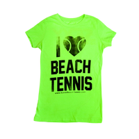 Women's I ❤️ Beach Tennis Crew Neck Tee in Neon Green & Distressed Black