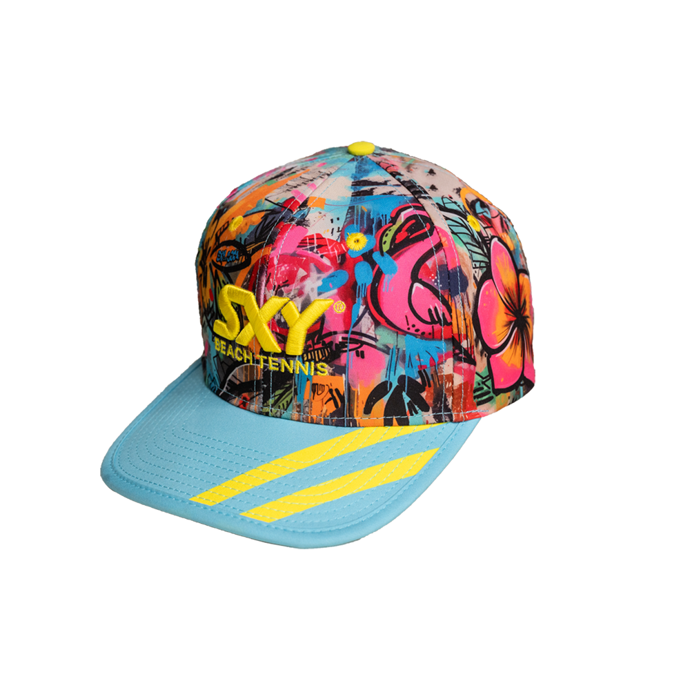 A colorful snapback hat with a geometric pattern featuring pink and yellow tones, and the text 'SXY BEACH TENNIS' on the front.
