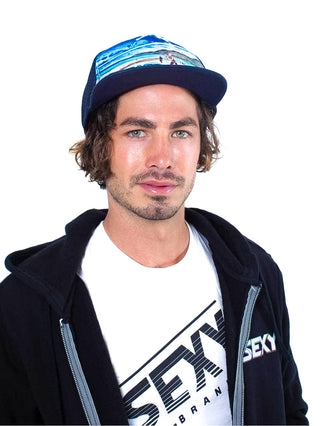 sexy brand trucker hat black with beach tennis scene and sand bill