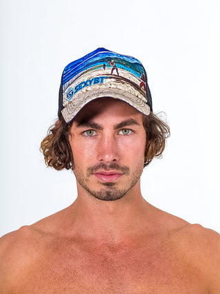 sexy brand trucker hat navy with beach tennis scene and sand bill